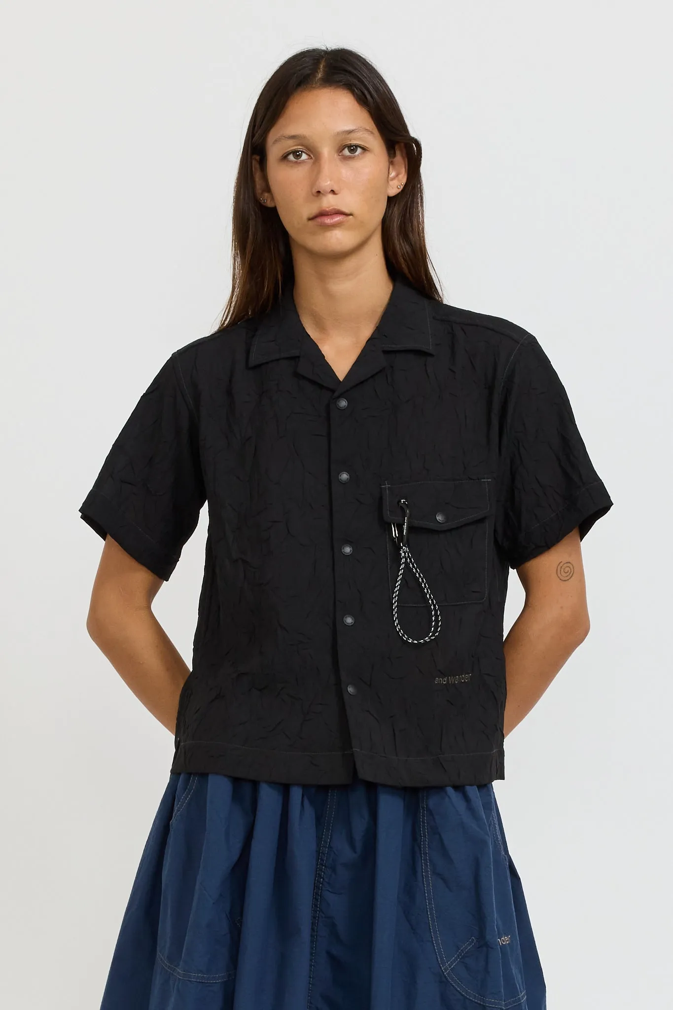 Washer Pleated Open SS Shirt Black