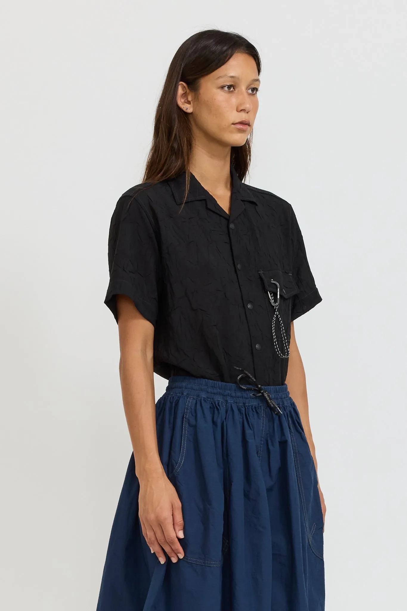 Washer Pleated Open SS Shirt Black