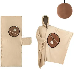 Wearable Cloak Sleeping Bag, Multi-Purpose Portable Warming Sleeping Bag, Double Sided Fleece Weight Fleece Sleeping Bag, Front Storage Pocket with Detachable hat, for Winter Camping Travel Hiking