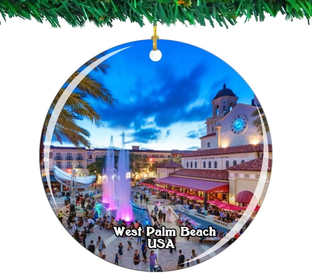 Weekino USA America CityPlace West Palm Beach Christmas Ornament City Travel Souvenir Collection Double Sided Porcelain 2.85 Inch Hanging Tree Decoration