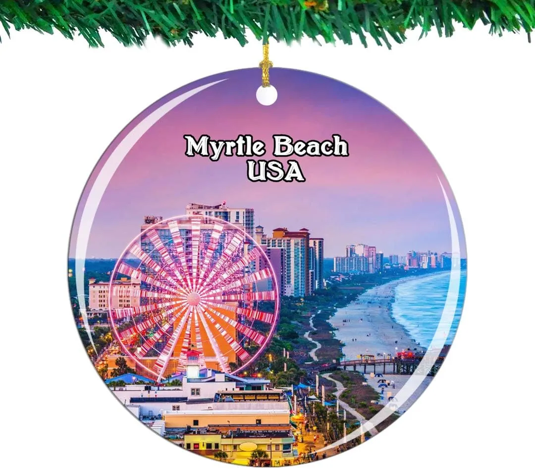Weekino USA America Myrtle Beach Christmas Ornament City Travel Souvenir Collection Double Sided Porcelain 2.85 Inch Hanging Tree Decoration