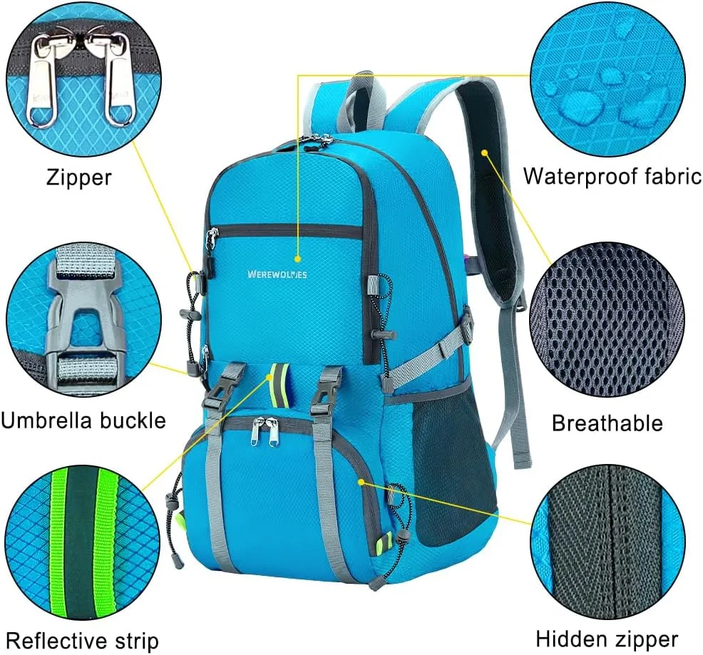 WEREWOLVES 20/35L Lightweight Hiking Backpack, Ultralight Water Resistant Packable Daypack for Women Men
