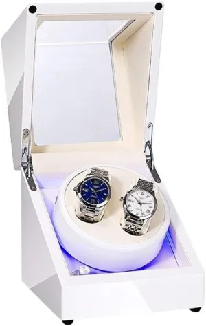 White Double Watch Winder Box for Automatic Watch Built-in LED Light Piano Paint Exterior Dual Power Supply Quiet Motor (A)