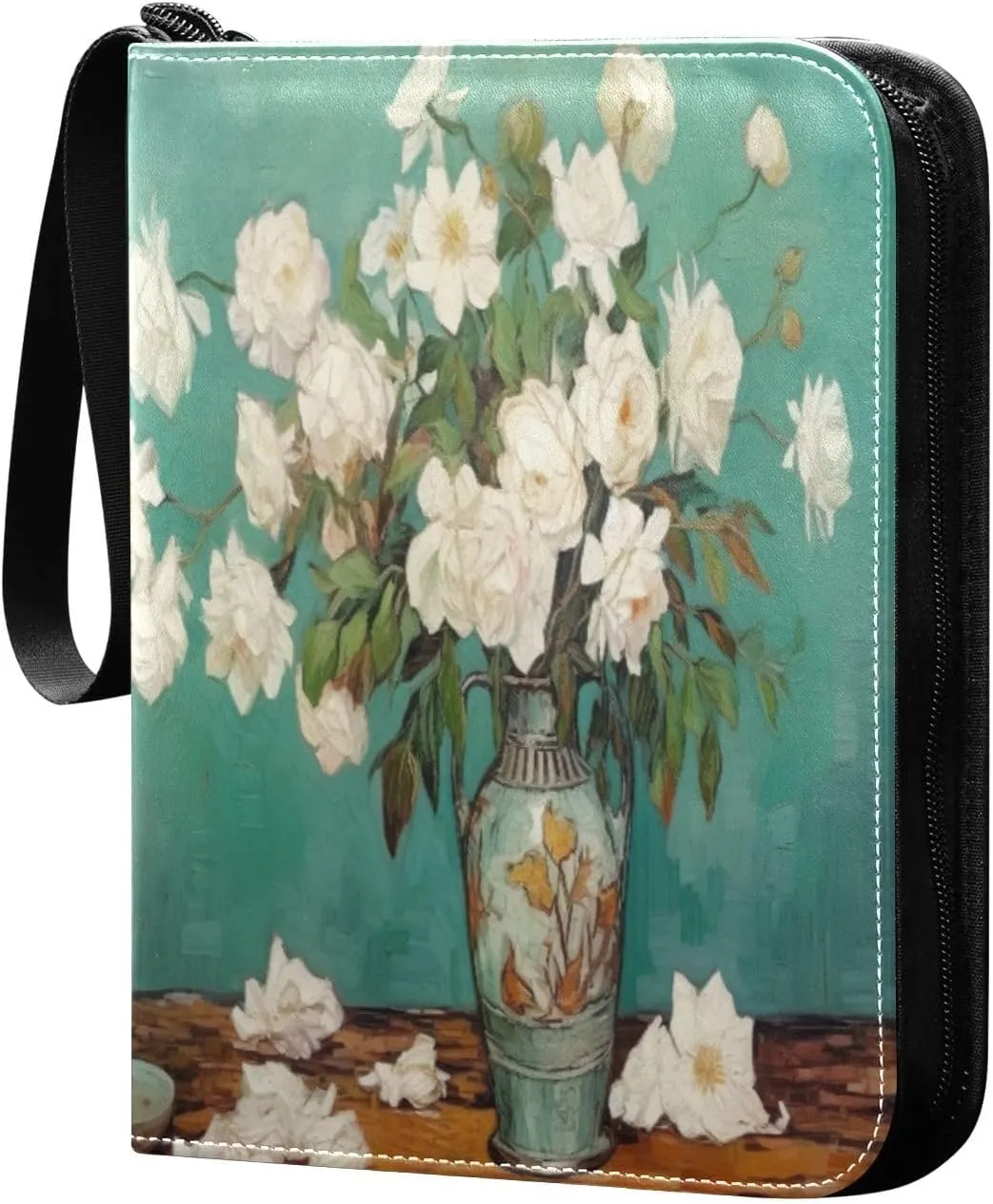 White Flower Painting Card Binder with Double Sided PU Leather Holder Albums Book with 400 Pockets for Collectible Trading Card Games Card