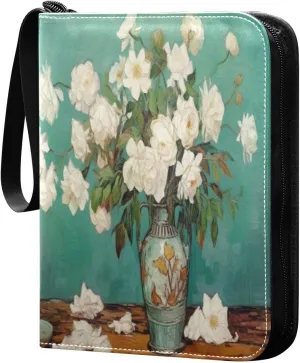 White Flower Painting Card Binder with Double Sided PU Leather Holder Albums Book with 400 Pockets for Collectible Trading Card Games Card