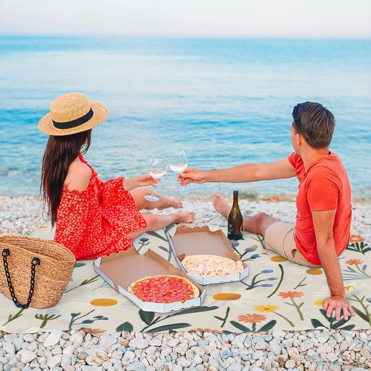 Wildflower Beach Blanket for Adults, 59" x 68" Waterproof Outdoor Picnic Blanket Mat Sand Proof Extra Large Flower Floral Plant Picnic Mat for Beach Travel Camping