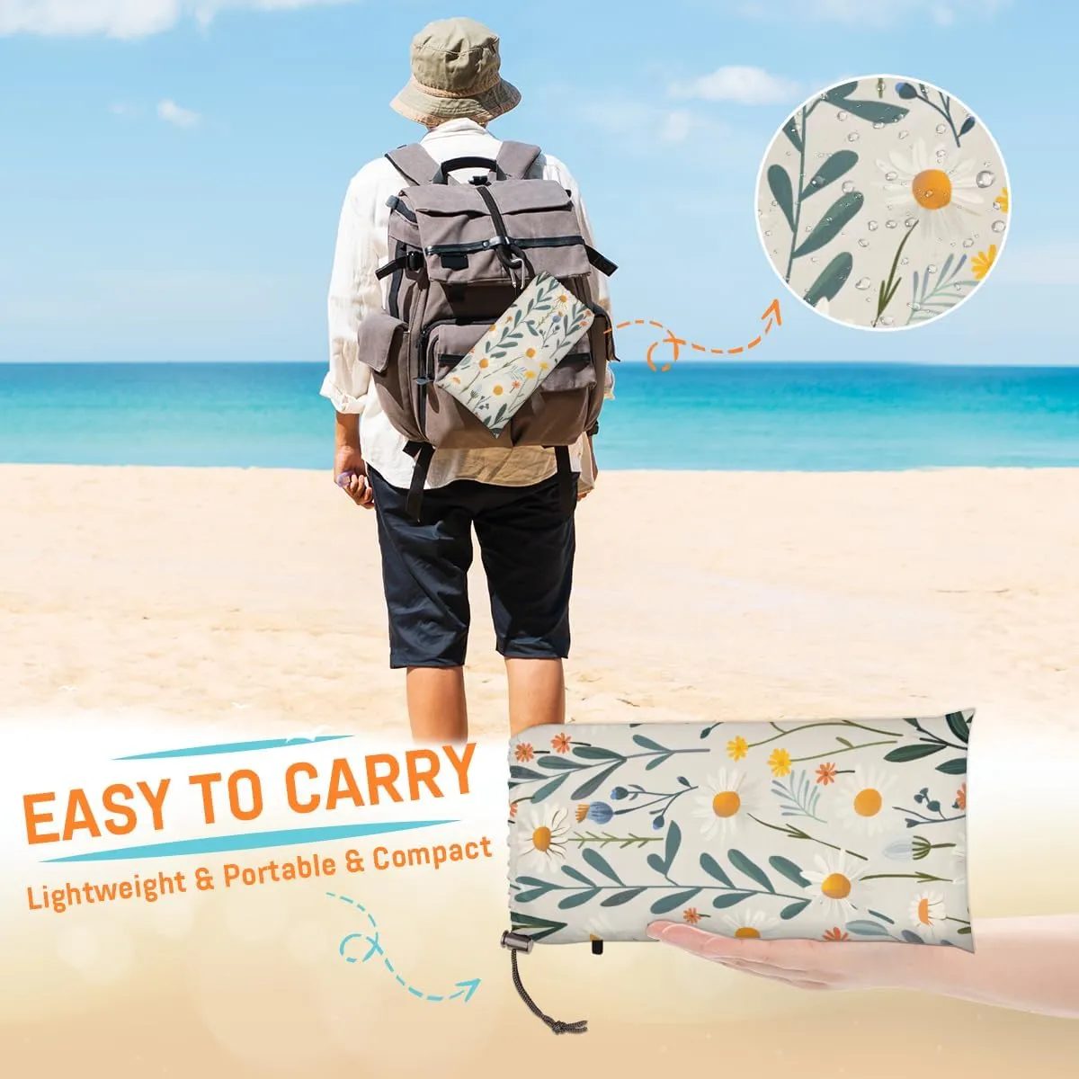 Wildflower Beach Blanket for Adults, 59" x 68" Waterproof Outdoor Picnic Blanket Mat Sand Proof Extra Large Flower Floral Plant Picnic Mat for Beach Travel Camping