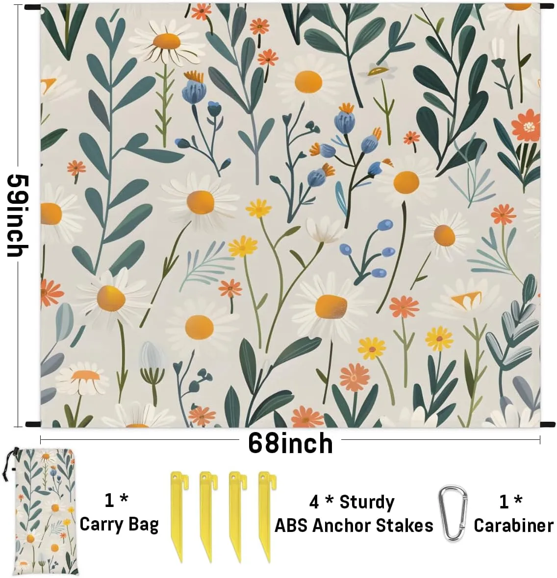 Wildflower Beach Blanket for Adults, 59" x 68" Waterproof Outdoor Picnic Blanket Mat Sand Proof Extra Large Flower Floral Plant Picnic Mat for Beach Travel Camping