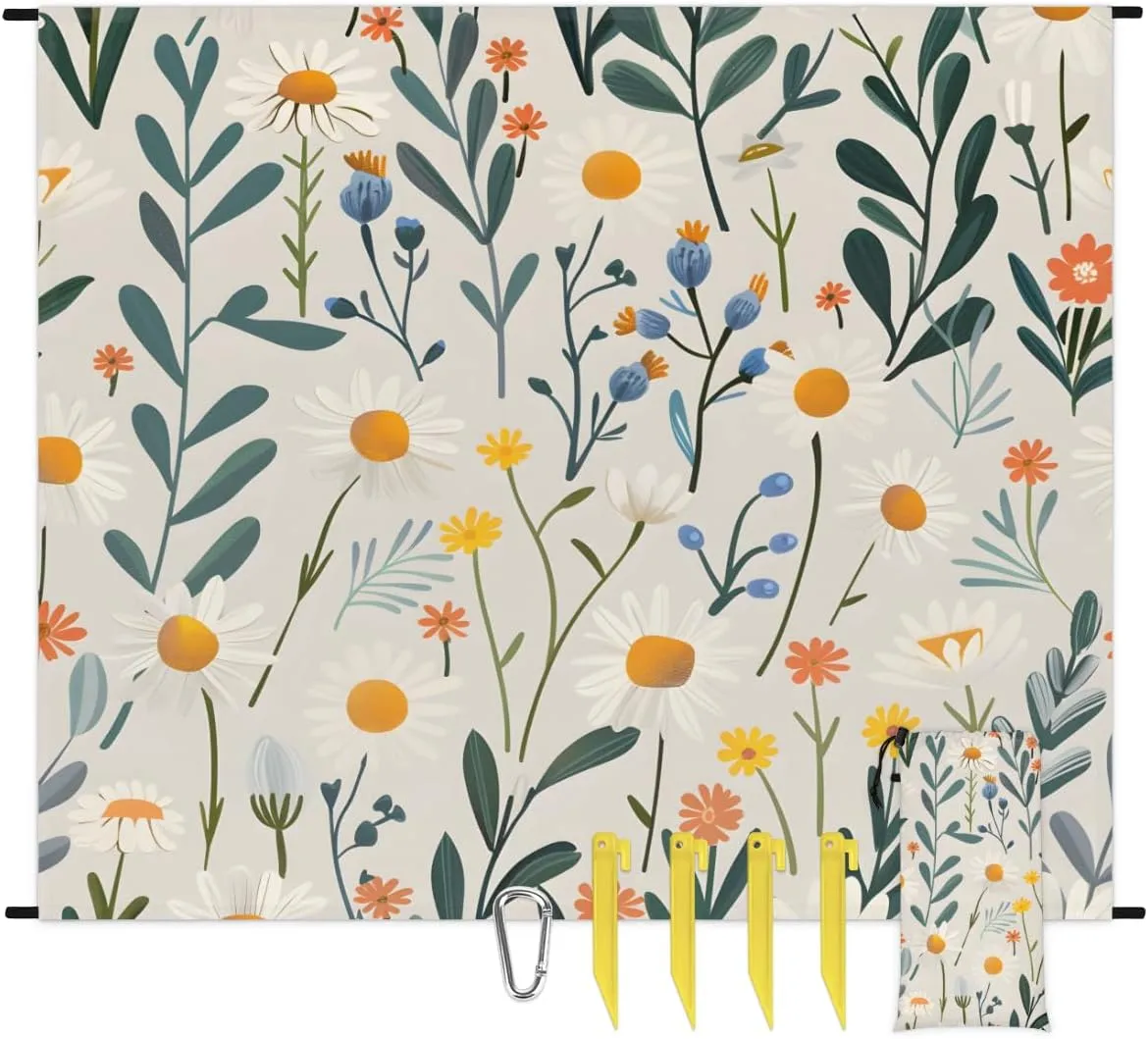Wildflower Beach Blanket for Adults, 59" x 68" Waterproof Outdoor Picnic Blanket Mat Sand Proof Extra Large Flower Floral Plant Picnic Mat for Beach Travel Camping