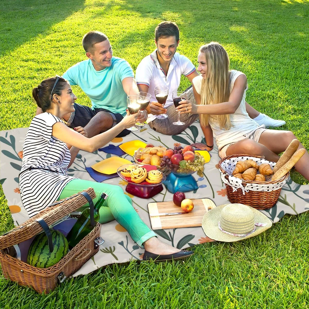 Wildflower Beach Blanket for Adults, 59" x 68" Waterproof Outdoor Picnic Blanket Mat Sand Proof Extra Large Flower Floral Plant Picnic Mat for Beach Travel Camping