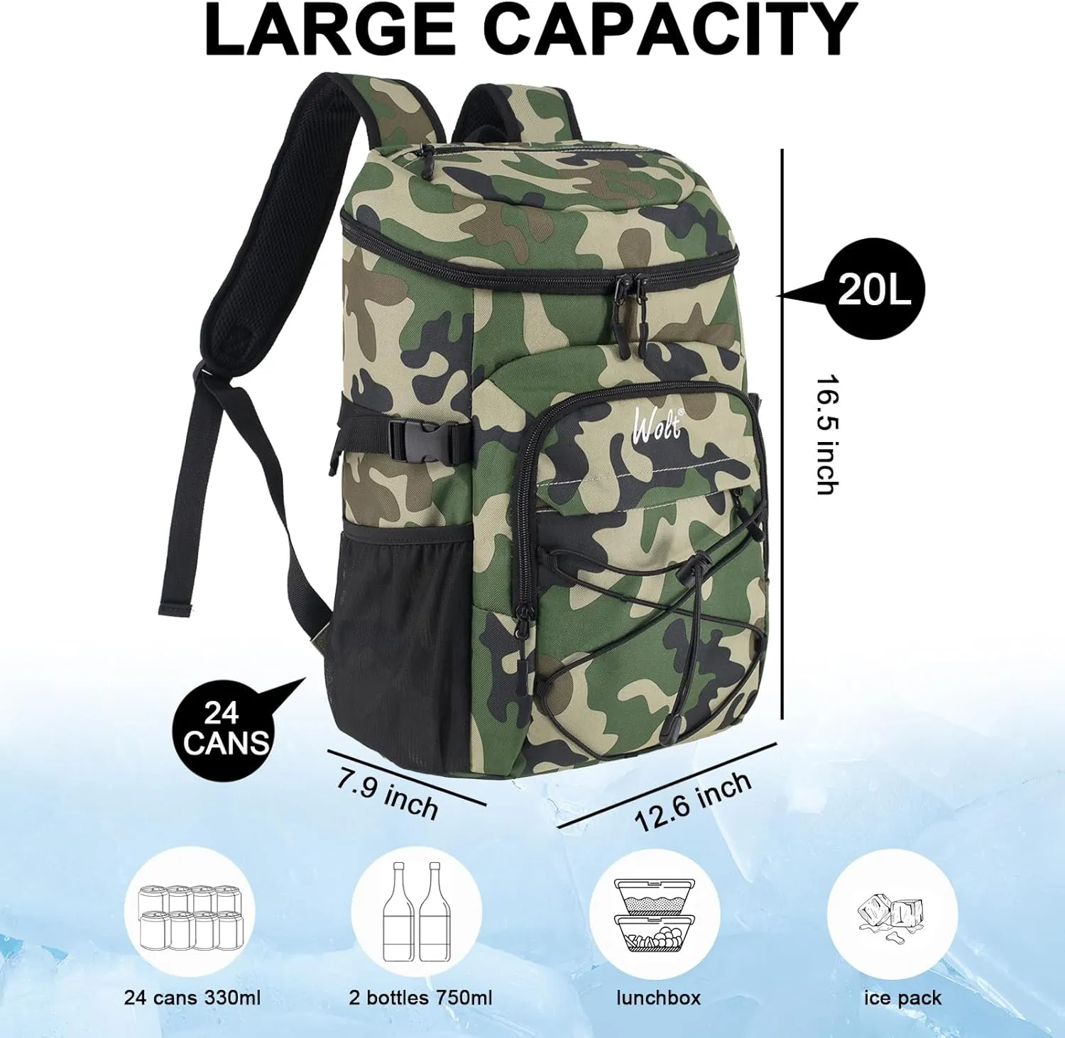WOLT Cooler Backpack,24 Cans Insulated Backpack Cooler Leakproof,Lightweight Soft Cooler Bag,Camping Cooler,Large Capacity Beach Cooler,Waterproof Travel Cooler Lunch Backpack for Hiking