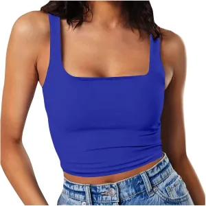 Women Sleeveless Vest Square Neck Double Layer Fitness Casual Short Top Vest N