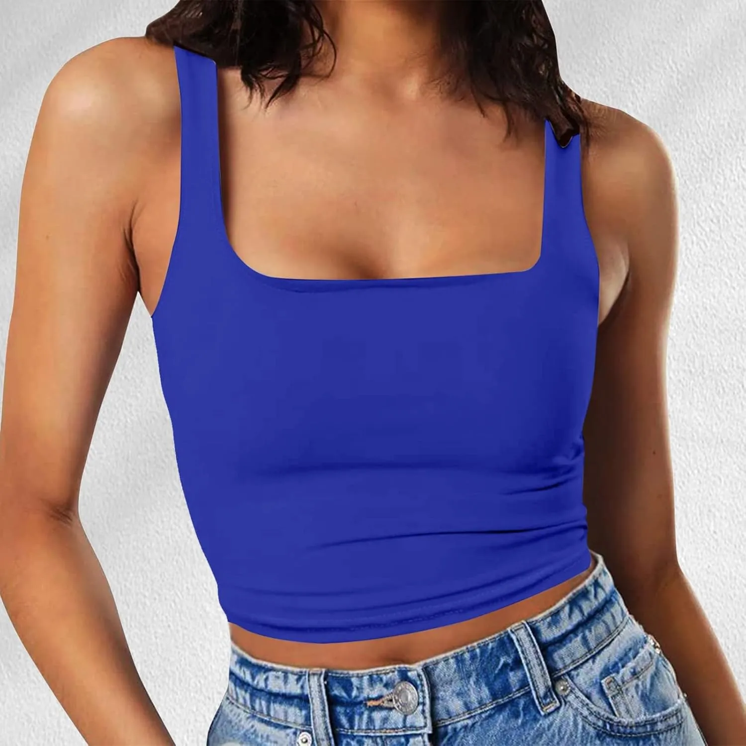 Women Sleeveless Vest Square Neck Double Layer Fitness Casual Short Top Vest N