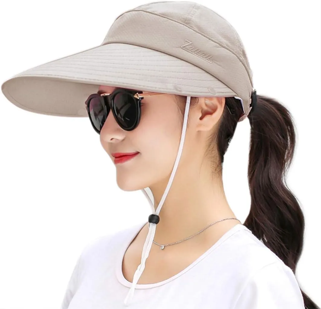 Women Sun Wide Brim UV Protection Fishing Hats Foldable Ponytail Summer Hat with Detachable Flap