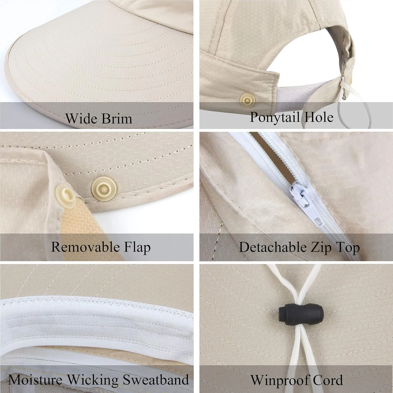 Women Sun Wide Brim UV Protection Fishing Hats Foldable Ponytail Summer Hat with Detachable Flap