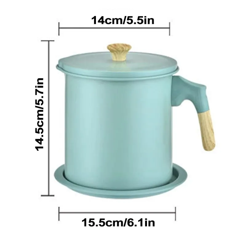 Wooden Handle Oil Strainer, 1.4L Stainless Steel Oil Filter Pot with Tray,