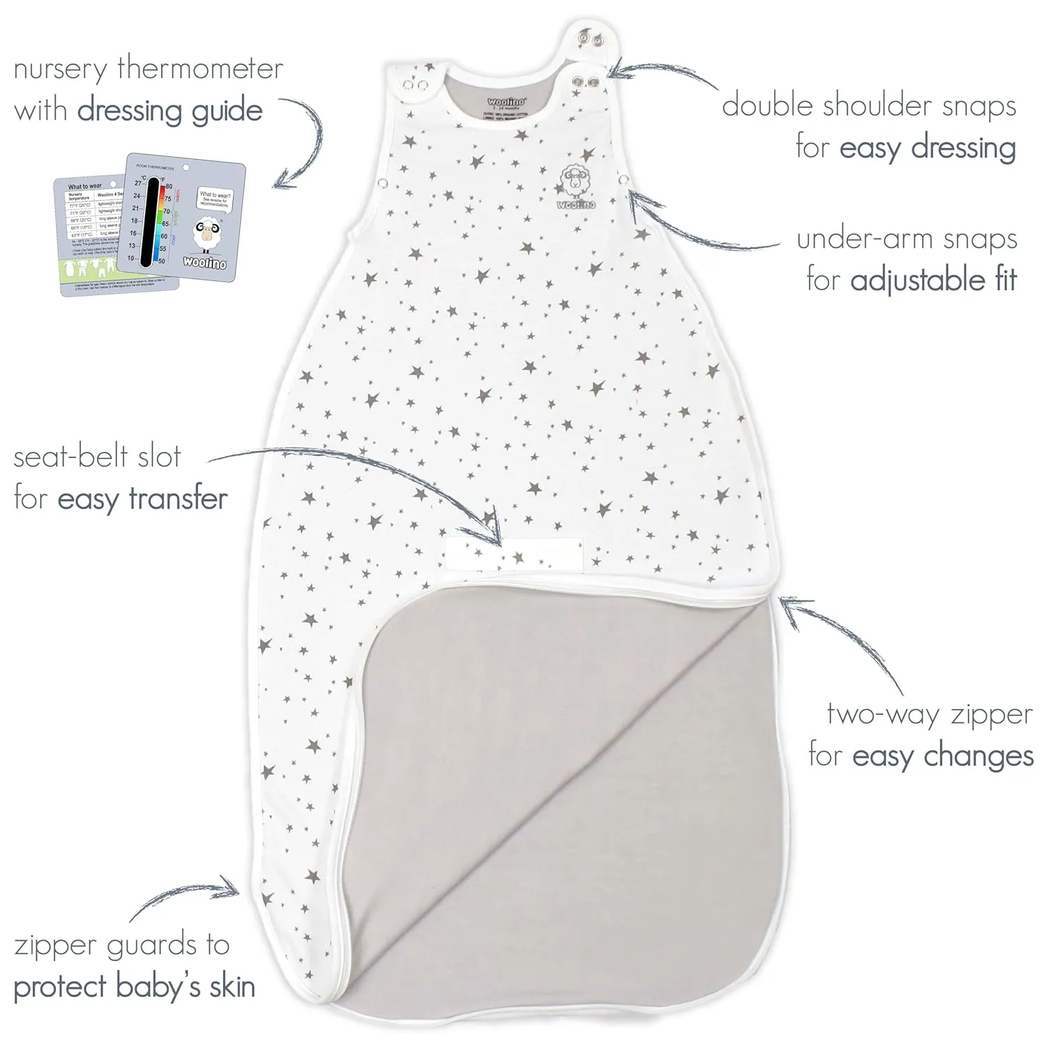 Woolino Merino Wool and Organic Cotton Ultimate Baby Sleep Sack - 4 Season Baby Wearable Blanket - Two-Way Zipper Adjustable Sleeping Bag - Universal Size (2-24 Months) - Teddy Bear