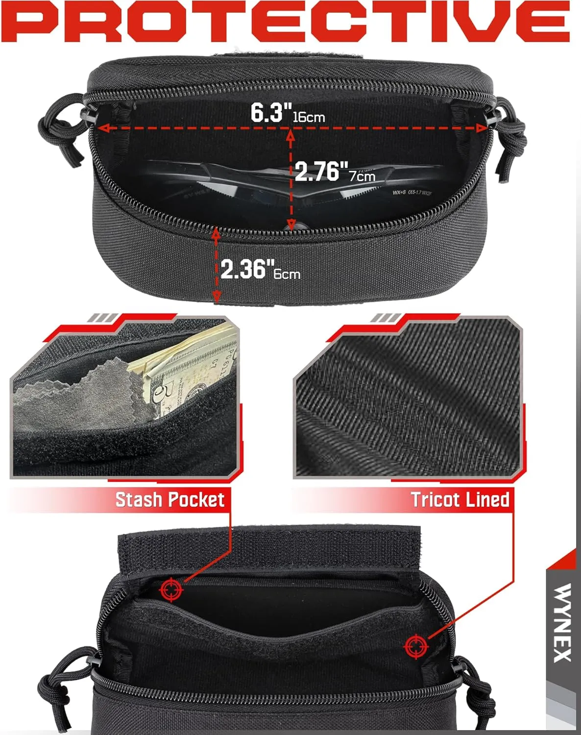WYNEX Tactical Molle Glasses Pouch, Shockproof Eyeglasses Case Hard Shell, Sunglasses Case with Clip and Zipper, Protective Box with Flag Patch, for Most Glasses, Sunglasses, Goggles