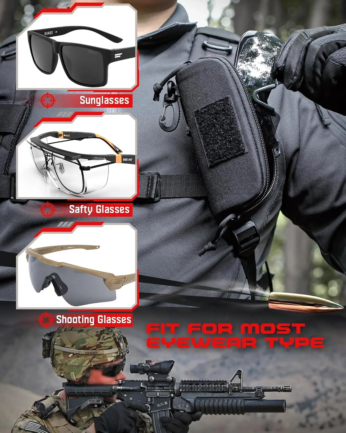 WYNEX Tactical Molle Glasses Pouch, Shockproof Eyeglasses Case Hard Shell, Sunglasses Case with Clip and Zipper, Protective Box with Flag Patch, for Most Glasses, Sunglasses, Goggles