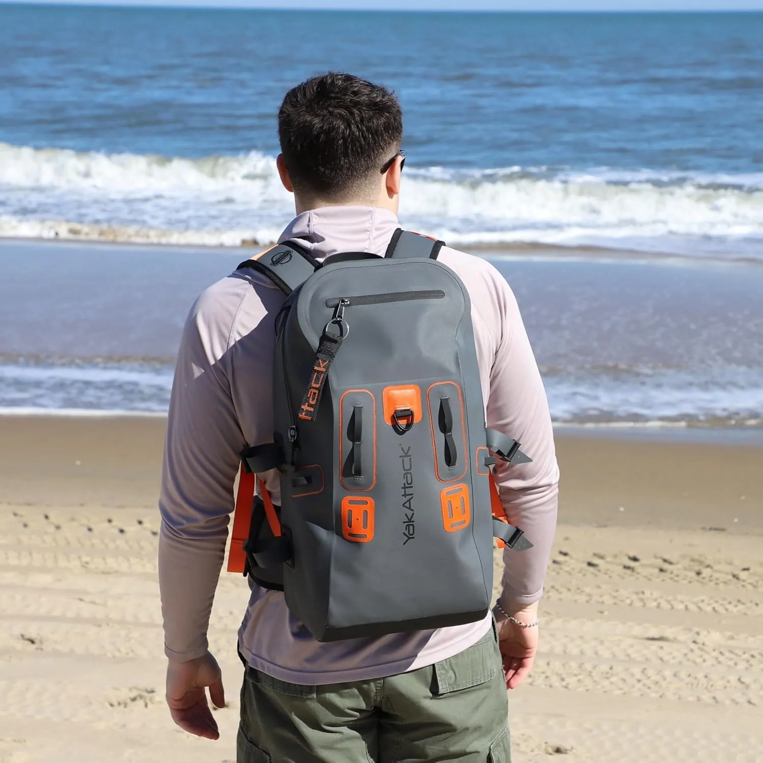 YakAttack 28L BackWater DryPak Waterproof Backpack - Grey/Orange | Dry Bag Backpack for Kayaking, Fishing & Hiking | Floating Waterproof Bag | Lightweight Outdoor Marine Gear | 10" x 22" x 12"
