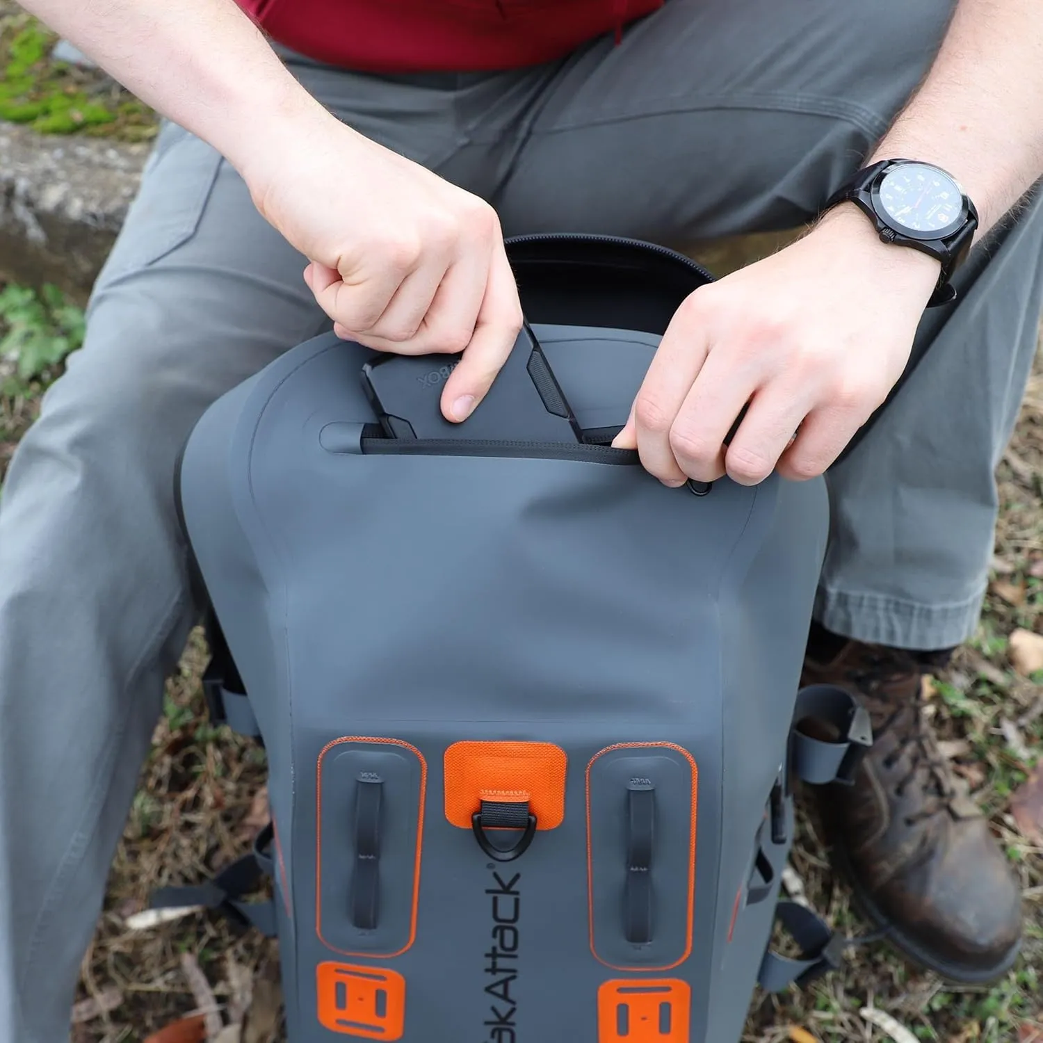 YakAttack 28L BackWater DryPak Waterproof Backpack - Grey/Orange | Dry Bag Backpack for Kayaking, Fishing & Hiking | Floating Waterproof Bag | Lightweight Outdoor Marine Gear | 10" x 22" x 12"