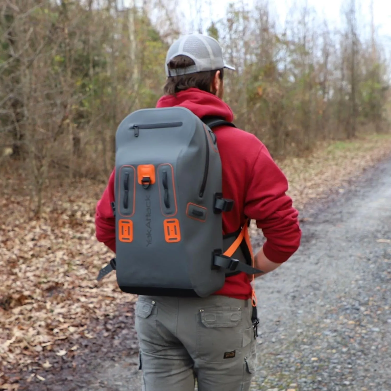 YakAttack 28L BackWater DryPak Waterproof Backpack - Grey/Orange | Dry Bag Backpack for Kayaking, Fishing & Hiking | Floating Waterproof Bag | Lightweight Outdoor Marine Gear | 10" x 22" x 12"