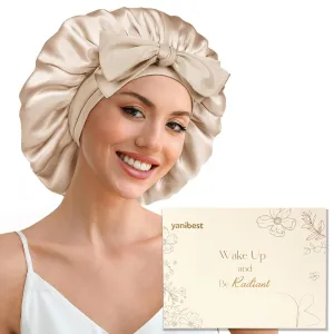 YANIBEST 22 Momme 6A Grade 100% Mulberry Silk Bonnet for Sleeping Women Double Layer Silk Sleep Bonnet with Tie for Long Curly Hair,Silk Sleep Cap Champagne