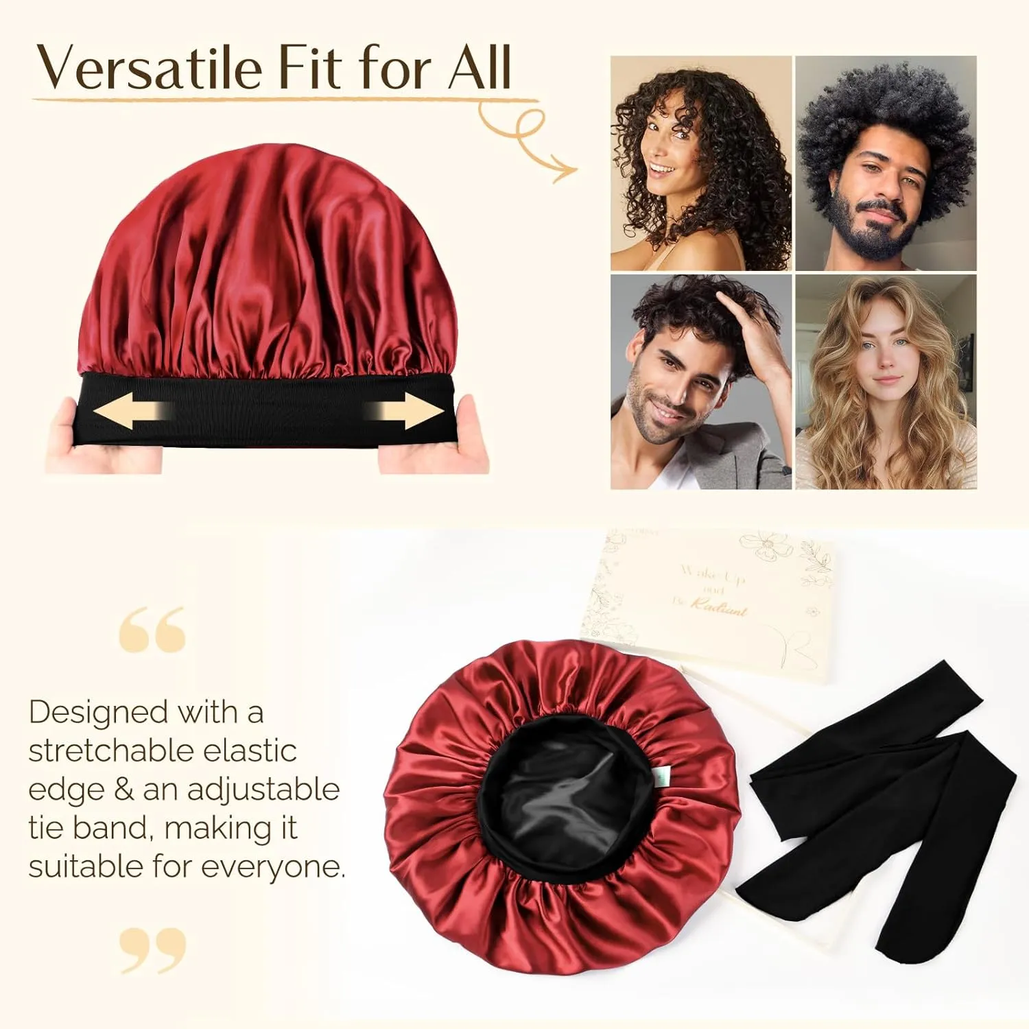 YANIBEST Silk Bonnet for Men, Satin Hair Bonnet for Sleeping, Double Layer Sleep Cap for Black Men & Women Curly Hair Braids, Wine Red