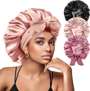 Yanideer 3 pcs Satin Bonnet Silk Bonnet for Sleeping Double Layer Satin Lined Hair Bonnet with Tie Band for Women Curly Hair