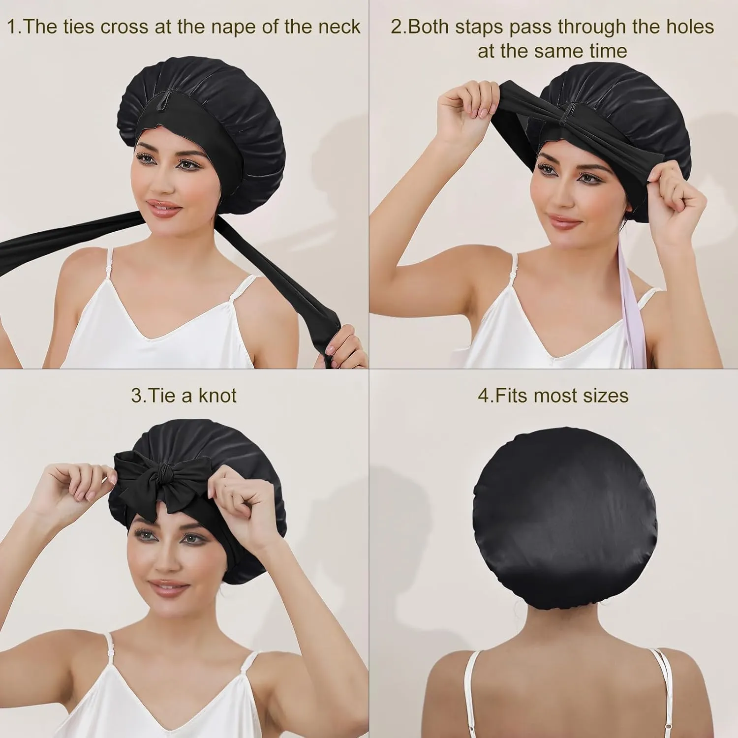 ZIMASILK 100% Mulberry Silk Bonnet for Sleeping Women Long Hair Double Layer Silk Hair Wrap with Tie Band Stay On Head (1Pc, Black)