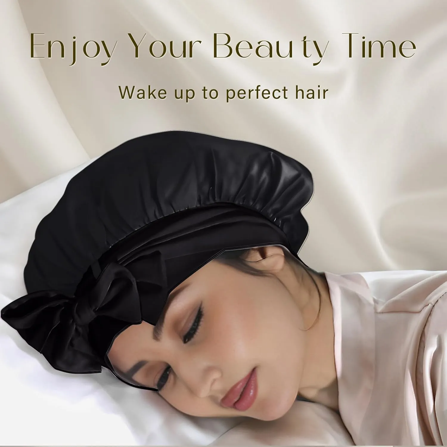 ZIMASILK 100% Mulberry Silk Bonnet for Sleeping Women Long Hair Double Layer Silk Hair Wrap with Tie Band Stay On Head (1Pc, Black)