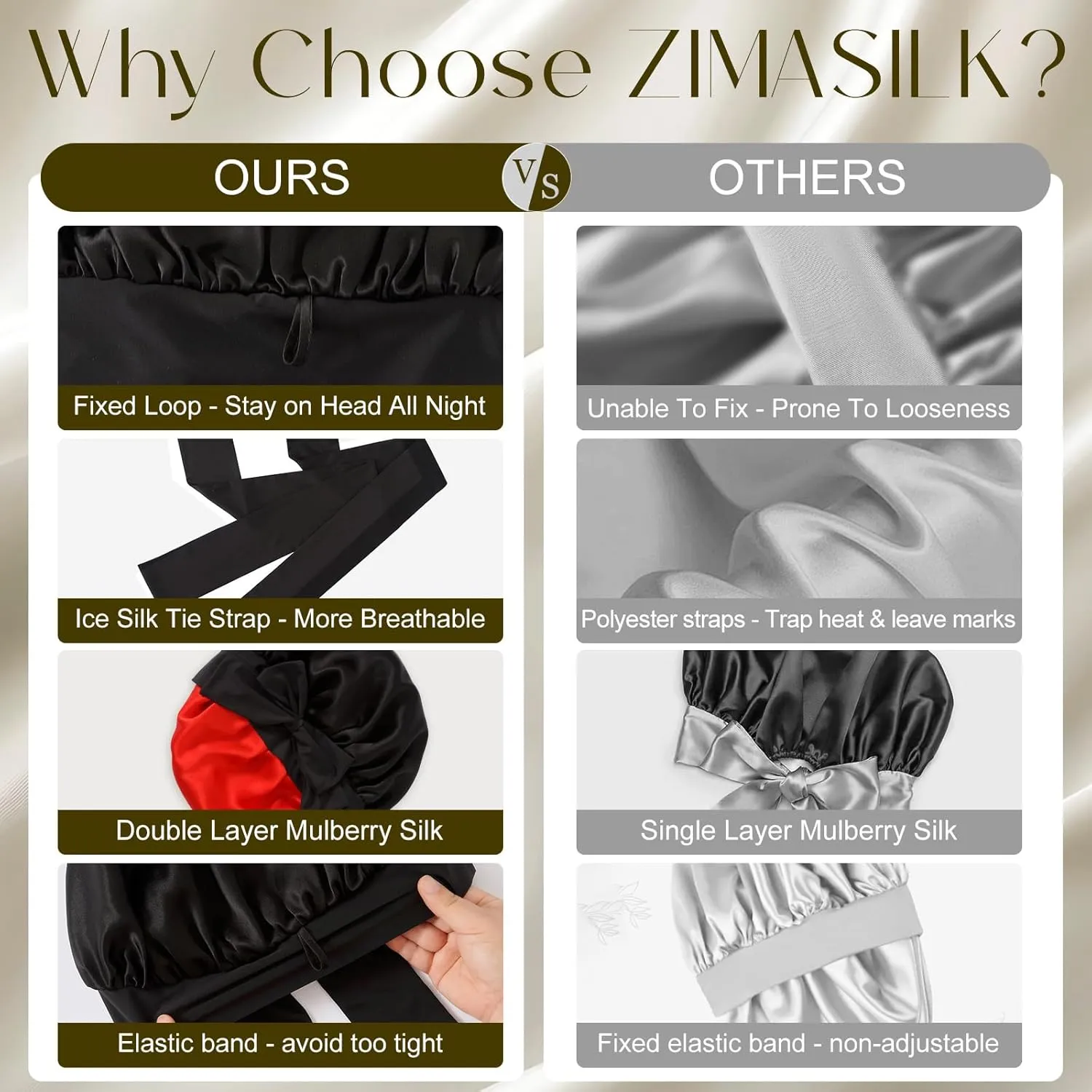 ZIMASILK 100% Mulberry Silk Bonnet for Sleeping Women Long Hair Double Layer Silk Hair Wrap with Tie Band Stay On Head (1Pc, Black)