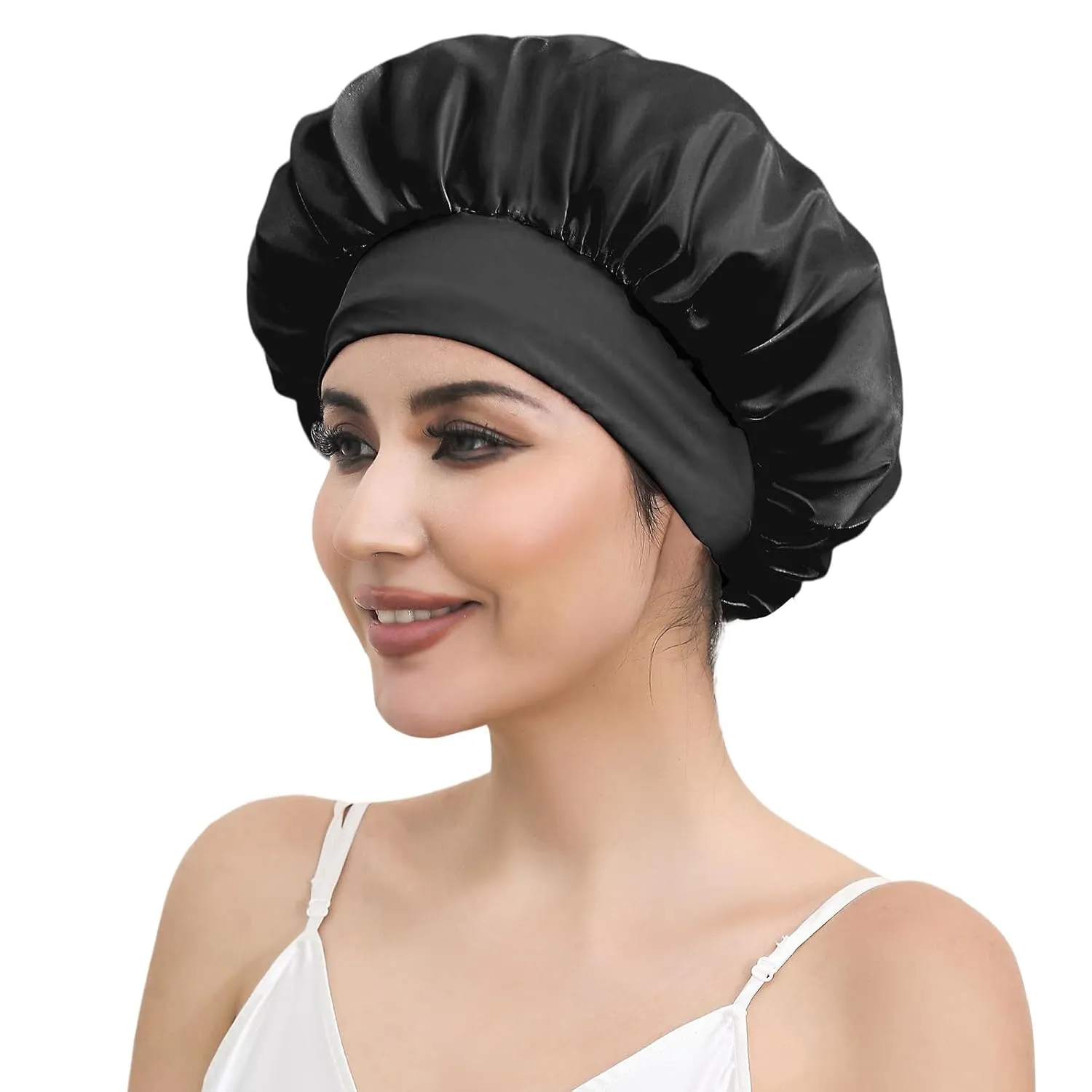 ZIMASILK Adjustable 100% Mulberry Silk Bonnet for Sleeping Women with Button Strap – Double Layer Silk Hair Bonnet, Luxury Night Cap for Hair & Skin Care (1Pc, Black)