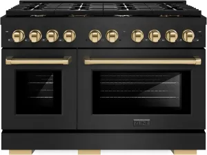 ZLINE Autograph Edition 48 in. 6.7 cu. ft. Paramount Double Oven Gas Range with 8 Burner Cooktop in Black Stainless Steel and Polished Gold Accents (SGRBZ-48-G)